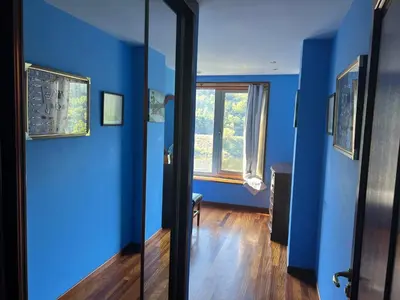 a room with blue walls and a door with a window at Casa Río Miño CORTEGADA in Cortegada