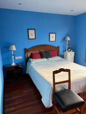 a blue bedroom with a bed and a chair at Casa Río Miño CORTEGADA in Cortegada