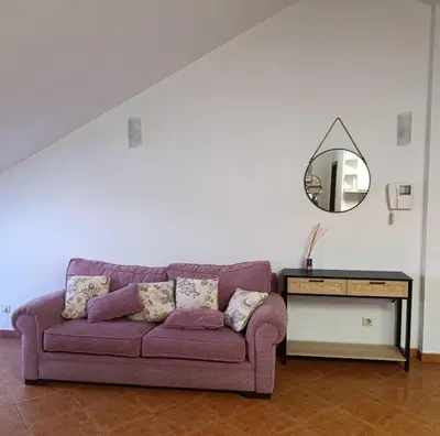 a purple couch in a living room with a mirror at Apartamento Rio Gallo II in Cuntis