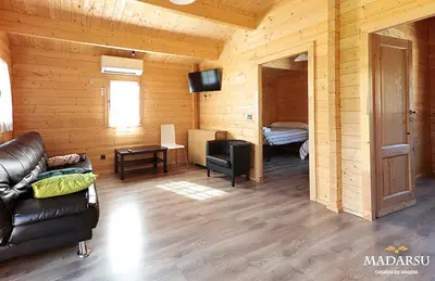 a living room with a couch and a television in a log cabin at Cabañas Madarsu in Vigo de Sanabria