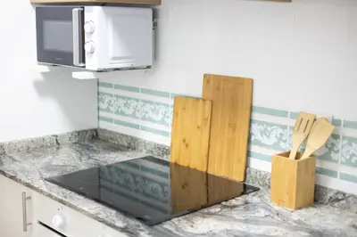 a kitchen counter with wooden cutting boards and a microwave at Apartamento Ronda Muralla in Lugo