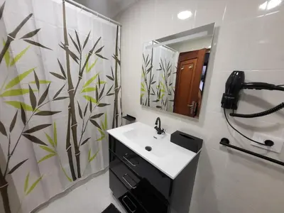 a bathroom with a sink and a shower with a mirror at Décimo Vera in Ourense