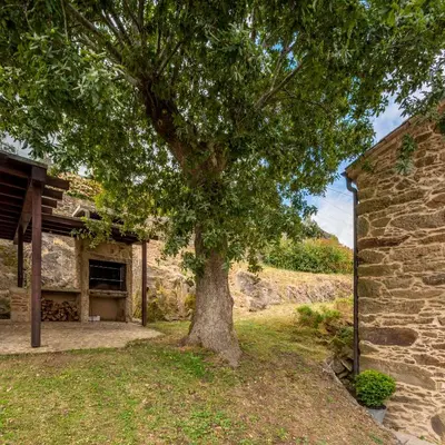 a tree in front of a stone building with a building with a garage at Casa Peón de Pardaces in Santiago de Compostela