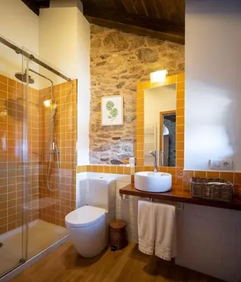 a bathroom with a sink and a toilet and a shower at Casa Peón de Pardaces in Santiago de Compostela