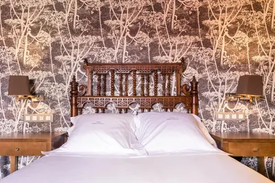 a bedroom with a bed with two night stands and two lamps at Pazo da Pena Manzaneda in Manzaneda