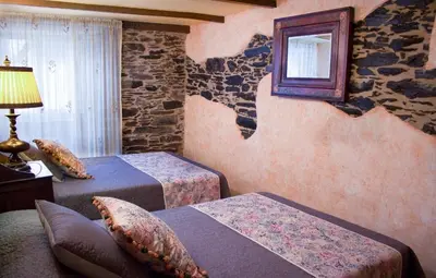 a bedroom with two beds and a mirror on the wall at Casa Mameleiro e Casa Kintal in A Pontenova