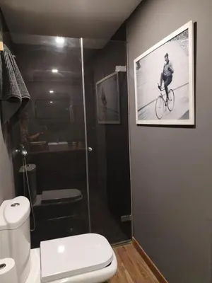 a bathroom with a shower and a bike picture on the wall at A Casa do outeiro in Ponteareas