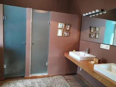 a bathroom with a shower and a sink and a mirror at A Casa do outeiro in Ponteareas