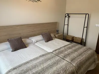 a bedroom with a large bed and a mirror at Apartamentos Casa Benito in San Tirso de Abres
