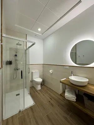 a bathroom with a shower and a sink and a toilet at Pensión María Castaña in Puebla del Brollón