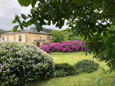 a garden with pink flowers in front of a building at Hotel Rural Casona Trabadelo in Vegadeo