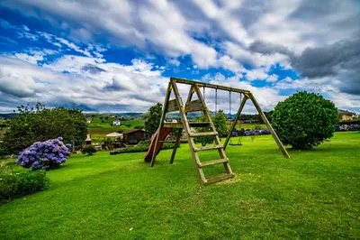 a wooden swing set in a green field at Apartamentos Rurales Casa Pachona in Puerto de Vega