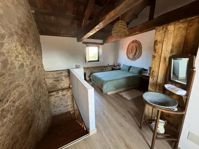 a bedroom with a bed in a room with wooden walls at Casita Meu Pai in Boimorto