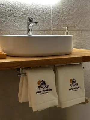 a bathroom sink with two towels under it at Hotel Miralrio Cacabelos in Cacabelos