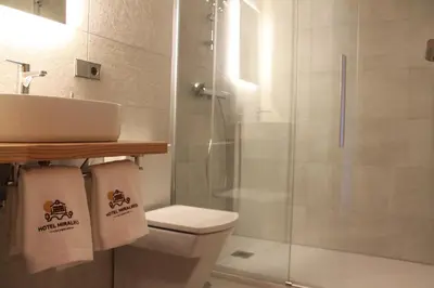 a bathroom with a shower and a toilet and a sink at Hotel Miralrio Cacabelos in Cacabelos