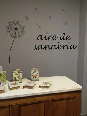 a table with a dandelion sign on a wall at Aire de Sanabria in El Puente