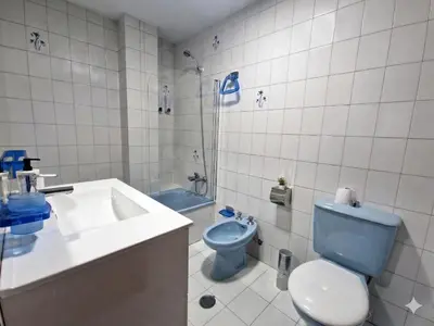 a bathroom with a blue toilet and a sink at YourHouse Progreso 1 apartment in Ourense