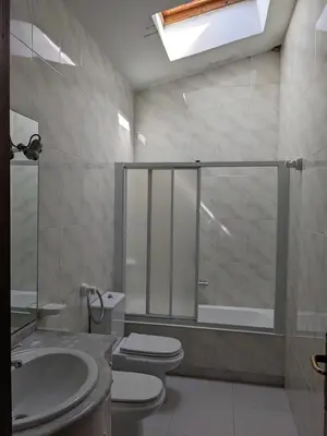 a bathroom with a shower and a toilet and a sink at Casa Filomena in Santiago de Compostela