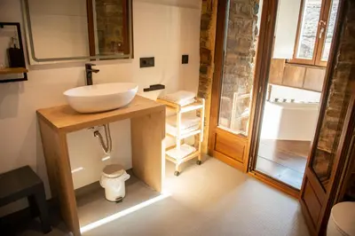 a bathroom with a white sink and a shower at pension campillo in Fonsagrada