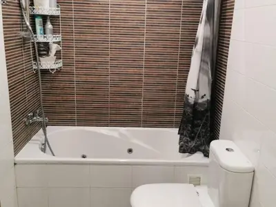 a bathroom with a toilet and a tub with a window at Apartamento con 2 habitaciones y vistas a la Ría del Burgo in Cambre