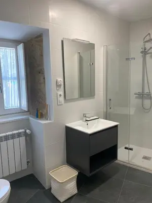 a white bathroom with a sink and a shower at Pension A Casiña D,avoa Oseira in Osera