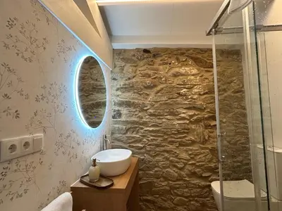 a bathroom with a sink and a glass shower at Luar do Sarela Rooms in Santiago de Compostela