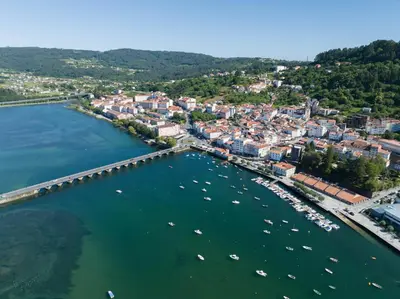 an aerial view of a harbor with boats in the water at La Fantástica Pontedeume 1 in Puentedeume