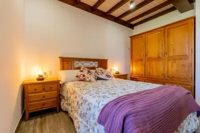 a bedroom with a large bed and wooden cabinets at Lagar de Beuvas in Camanzo