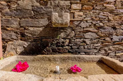 a fountain with pink flowers in front of a stone wall at Lagar de Beuvas in Camanzo