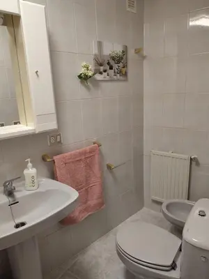 a white bathroom with a sink and a toilet at Apartamento vacacional Meira in Meira