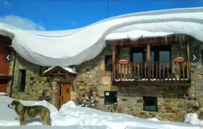 a dog standing in the snow in front of a building at Mirador de Babia in Huergas