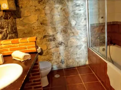 a bathroom with a toilet and a sink and a shower at Mirador de Babia in Huergas