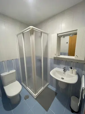 a bathroom with a shower and a toilet and a sink at Trailhouse CASTELAO in Sarria