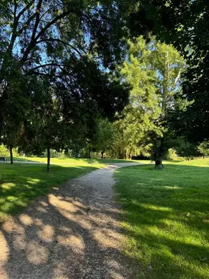 a path in a park with trees and grass at Paseo del río in Ponferrada
