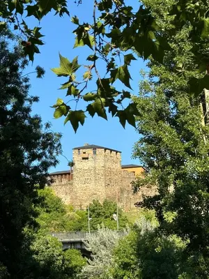 a castle on a hill with trees in the foreground at Paseo del río in Ponferrada