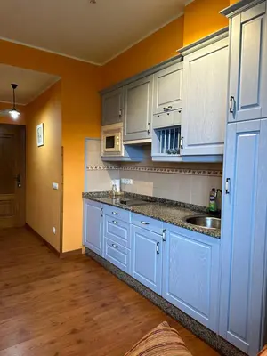 a kitchen with blue cabinets and a sink in it at Apartamentos Helenias in Boal