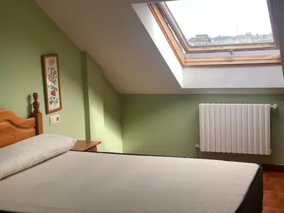 a bedroom with a bed with a skylight and a window at Monte Faro in Lalín