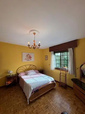 a bedroom with a bed and a chandelier at Maison familiale avec vue in Puente-Castrelo