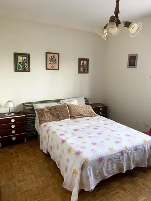 a bedroom with a large bed and two night stands at Maison familiale avec vue in Puente-Castrelo