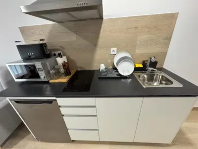 a kitchen with a sink and a microwave at Apartamentos Turisticos Peregrin Palas in Palas de Rei