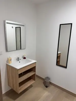 a bathroom with a sink and a mirror at Apartamentos Turisticos Peregrin Palas in Palas de Rei