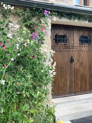 a house with a wooden door and flowers at Casa Vacacional Retiro Rural en el Camino The Land of Eve in Friol