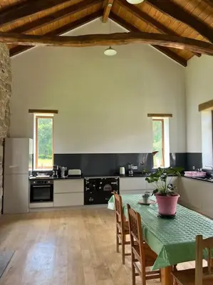 a kitchen with a green table and chairs in a room at Casa Vacacional Retiro Rural en el Camino The Land of Eve in Friol