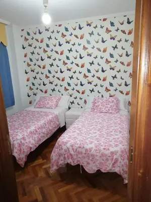 two beds in a room with butterflies on the wall at Cruxa Apartments garaje incluido in Santiago de Compostela