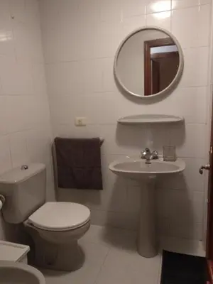 a bathroom with a toilet and a sink and a mirror at Apartamento luminoso con vistas a la ría in Cambre