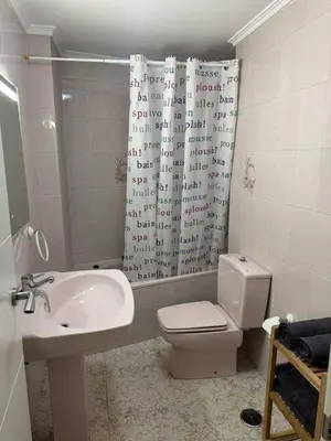 a bathroom with a sink and a toilet and a shower curtain at APARTAMENTO TURISTICO PLAZA DEL AYUNTAMIENTO in Ponferrada
