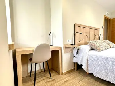 a bedroom with a bed and a desk and a chair at Apartamentos Casa Courego in Vegadeo