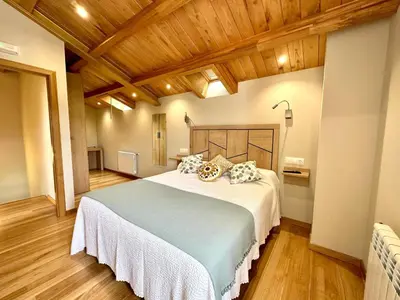 a bedroom with a large bed with a wooden ceiling at Apartamentos Casa Courego in Vegadeo