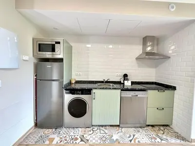 a kitchen with a refrigerator and a washer and dryer at Apartamentos Casa Courego in Vegadeo