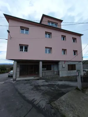a pink building with a lot of windows at Pensión Palomos in San Xoán de Río